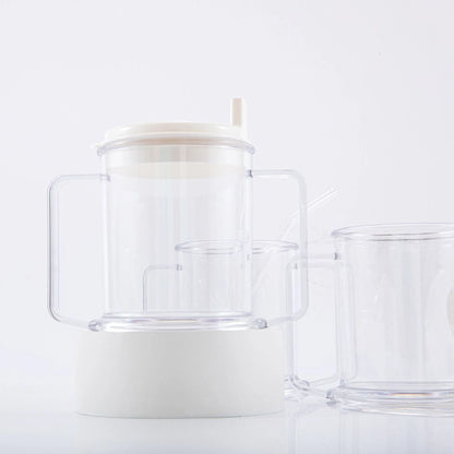 Transparent spill-proof drinking cup showing 14cm height, modern design, PP material construction