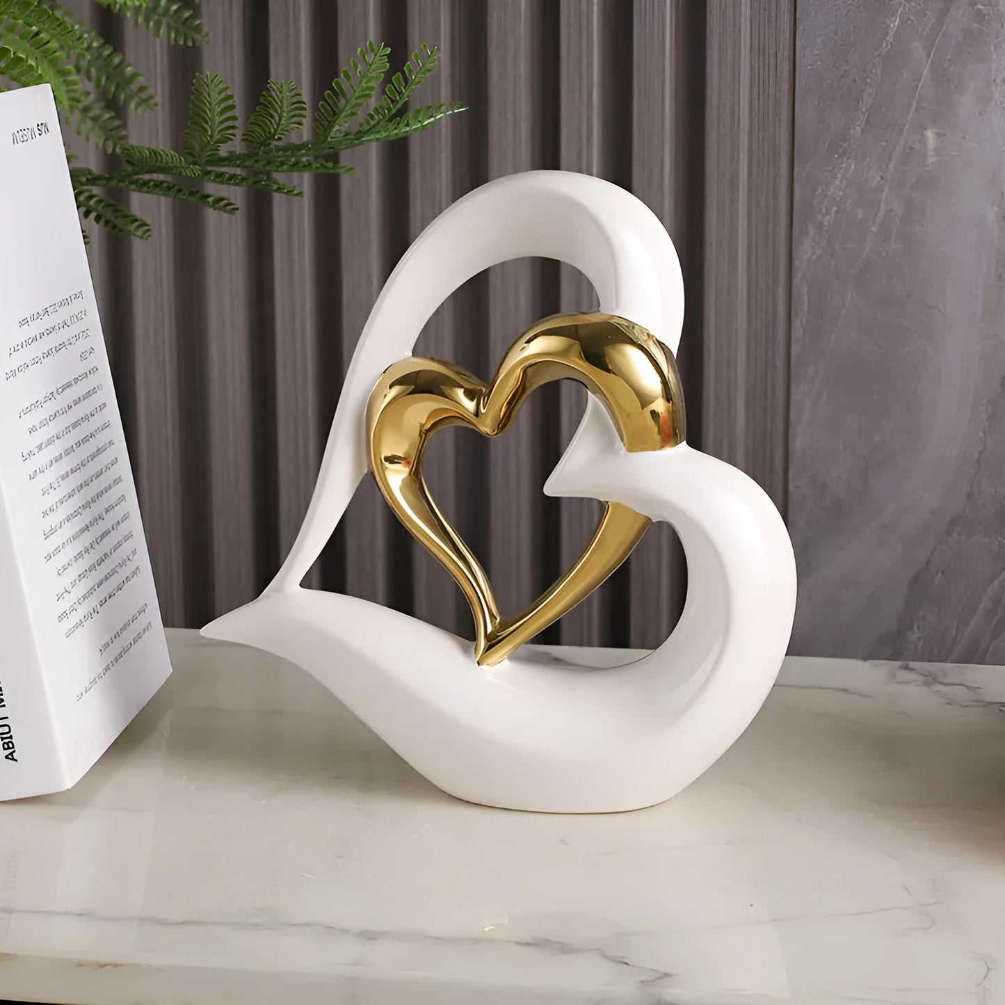 Modern geometric heart ornament in white porcelain with metallic colour finish options
