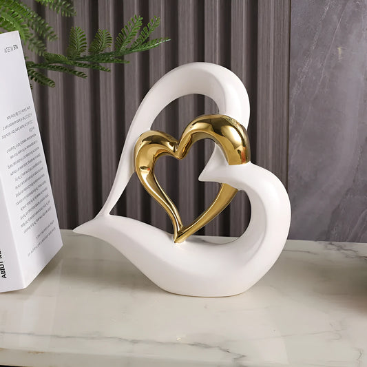 Modern geometric heart ornament in white porcelain with metallic colour finish options