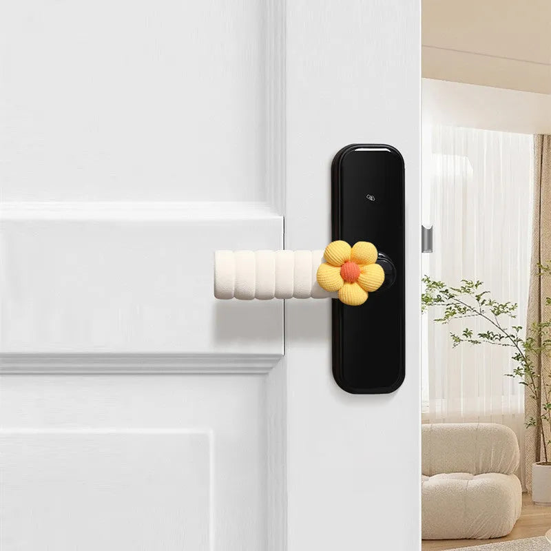 Flower door handle protective casing in beige colour with floral pattern, soft PEVA material, round shape for anti-collision