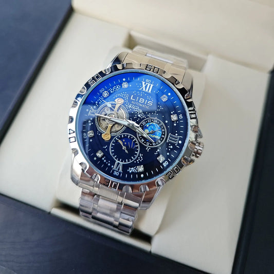 Silver case automatic mechanical watch with black dial, genuine leather strap, and stainless steel buckle