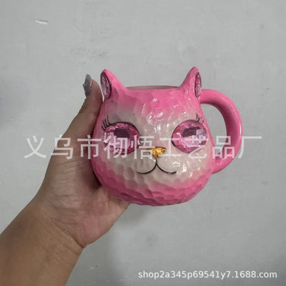 Crystal Earth Cat Cup resin crafts decorative item with cat motif in purple, green, blue, or pink colour
