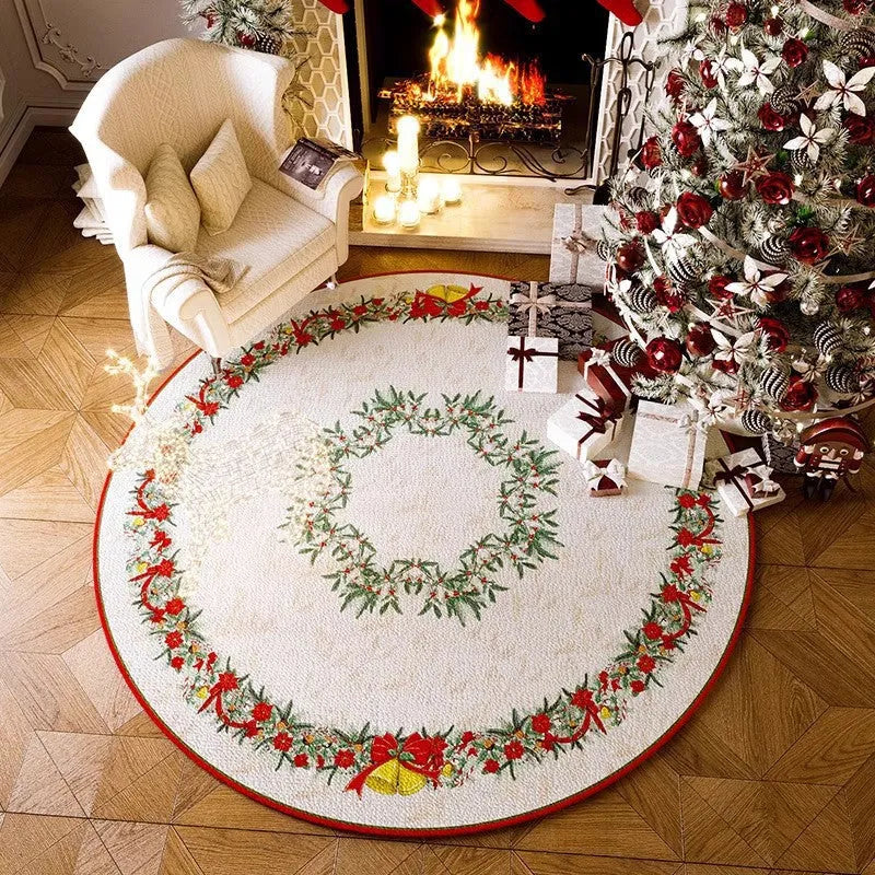 Round red Christmas carpet with festive pattern on a wooden living room floor.
