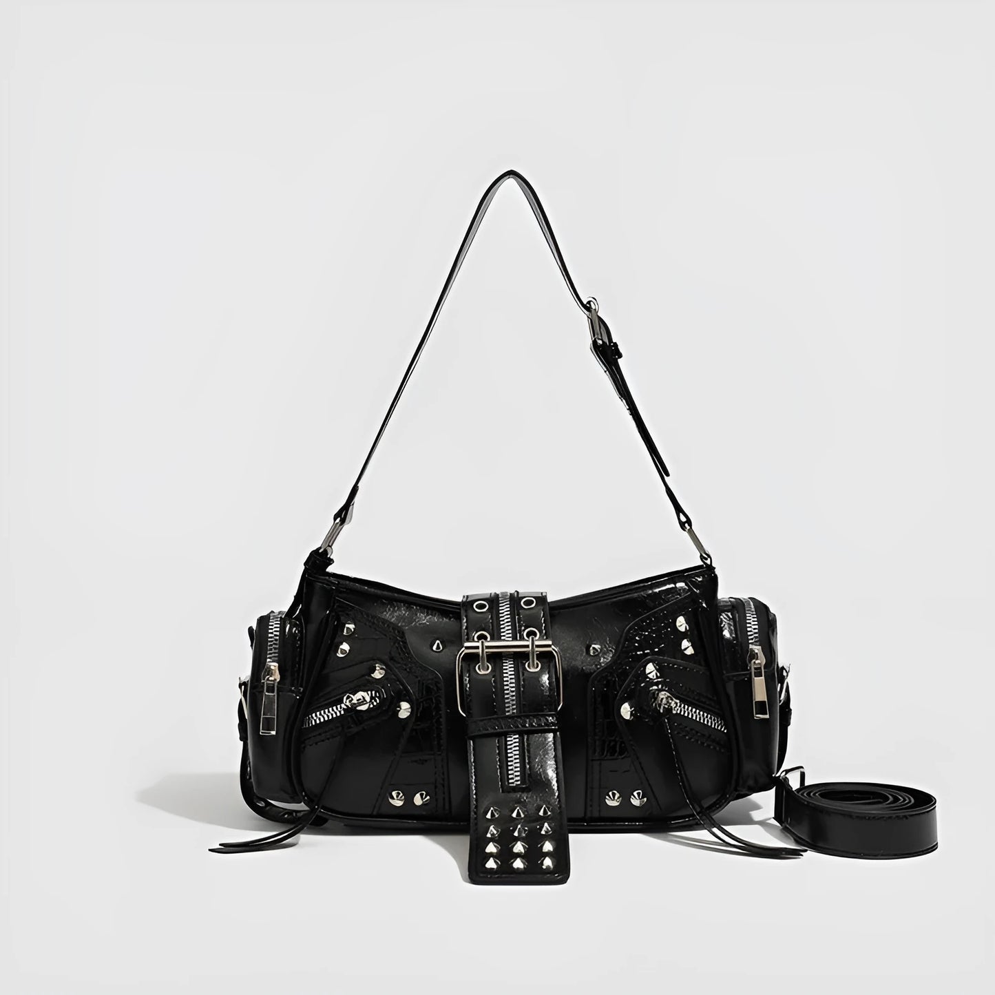 Black dumpling-shaped retro women's shoulder bag with a front pocket and organiser interior.
