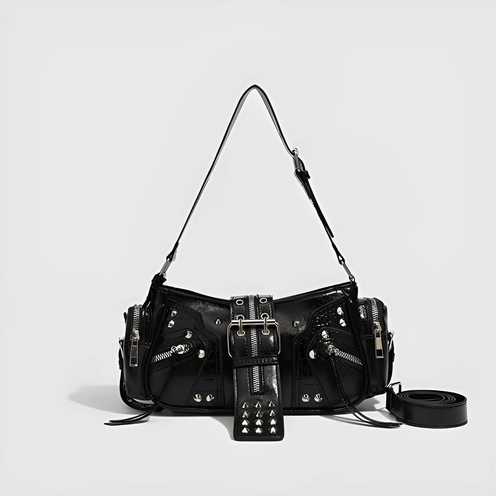 Black dumpling-shaped retro women's shoulder bag with a front pocket and organiser interior.