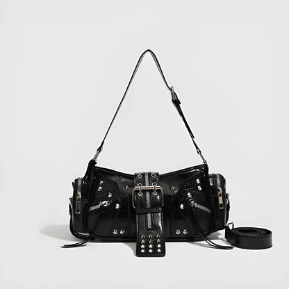Black dumpling-shaped retro women's shoulder bag with a front pocket and organiser interior.
