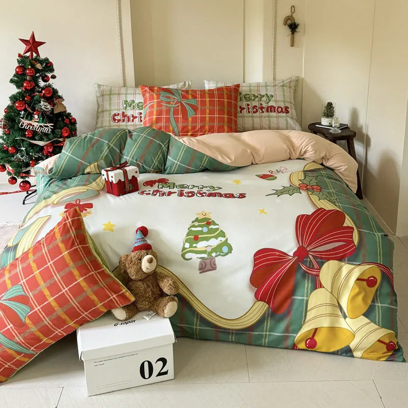 Christmas-themed four-piece bedding set with cartoon digital prints on super soft washed cotton