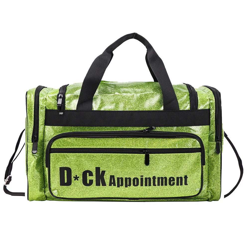 Large silver PU leather sports handbag with letter detailing, showing internal compartments.