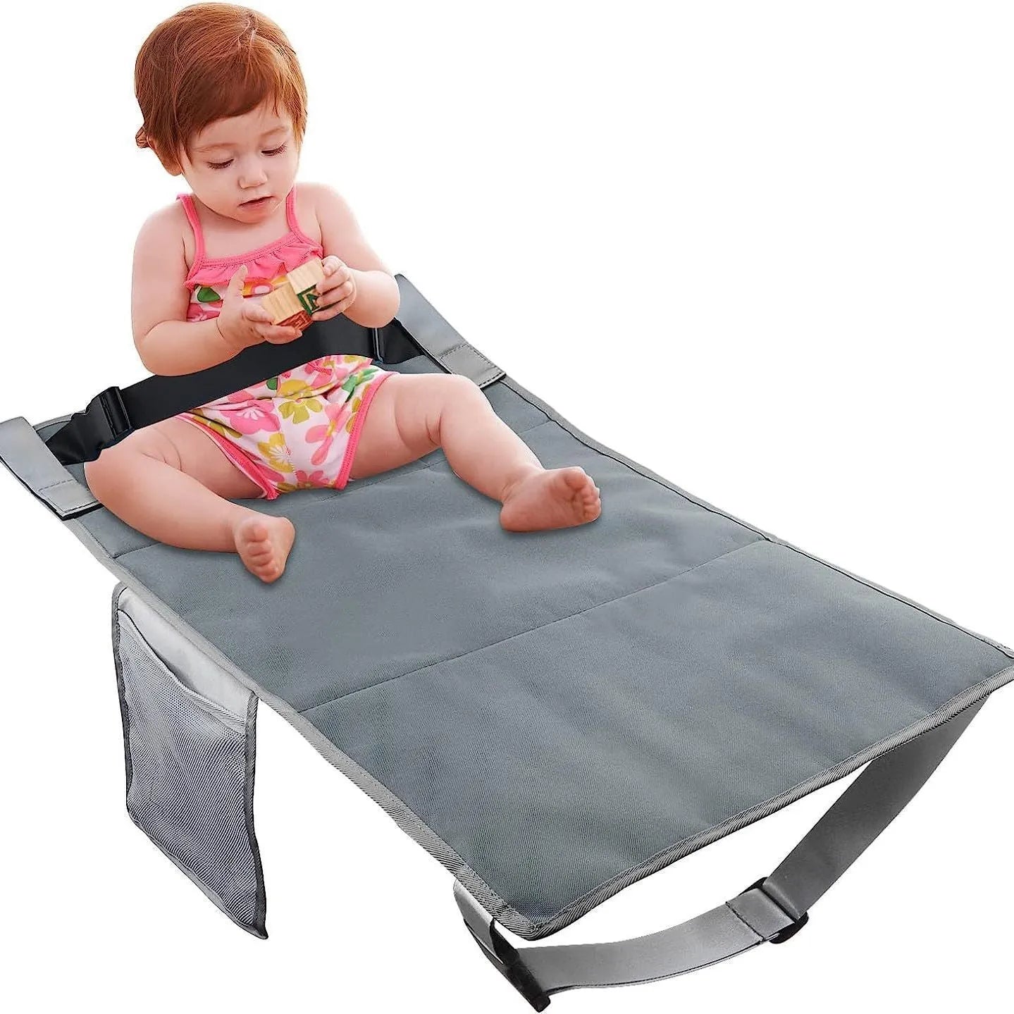 Portable blue children's aircraft seat extender kit with drawstring storage pocket.