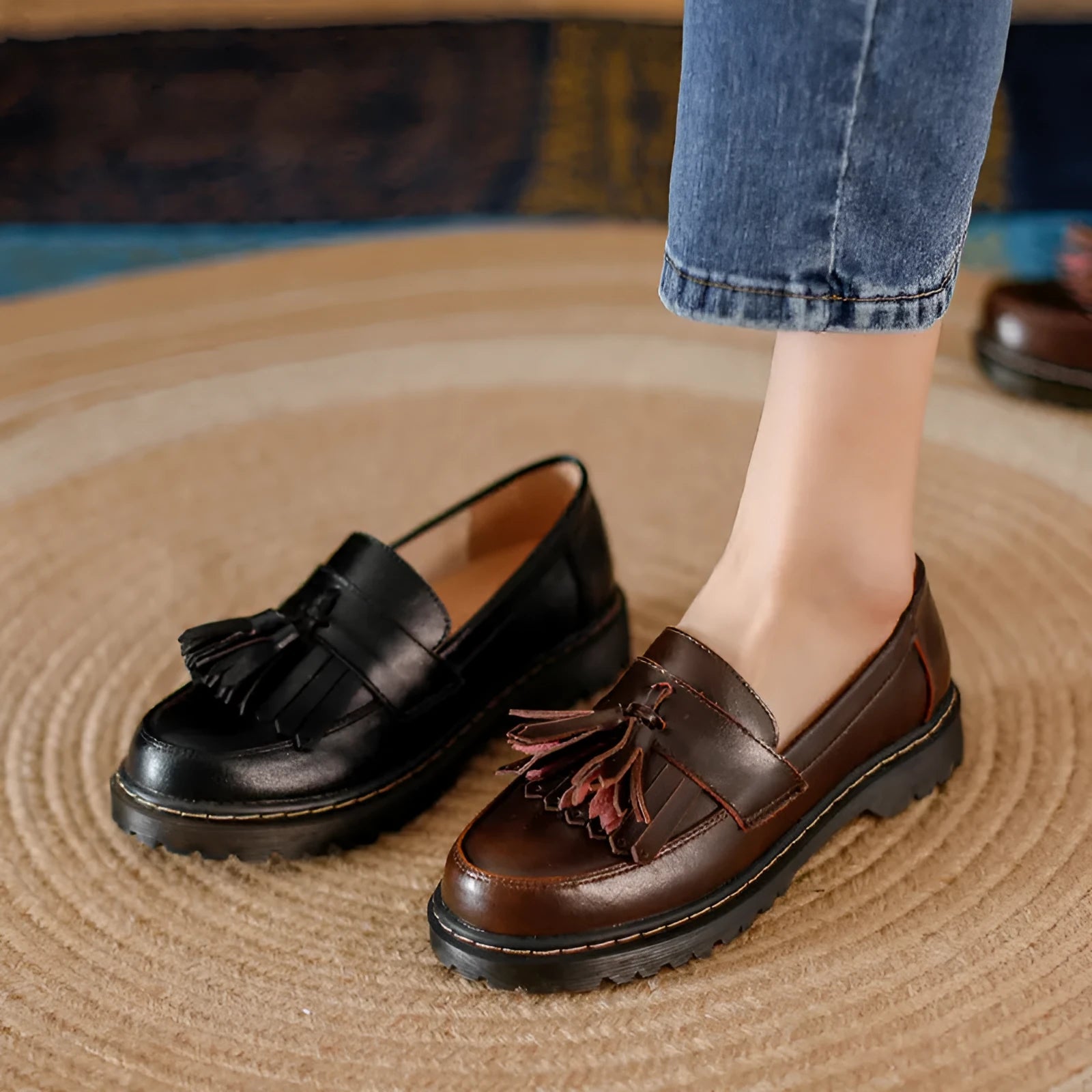Women's brown leather loafers with tassel detail and a chunky low heel.