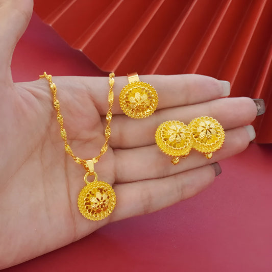 Gold-plated three-piece jewellery set with a three-layer flower design necklace, matching earrings, and ring on a white background.