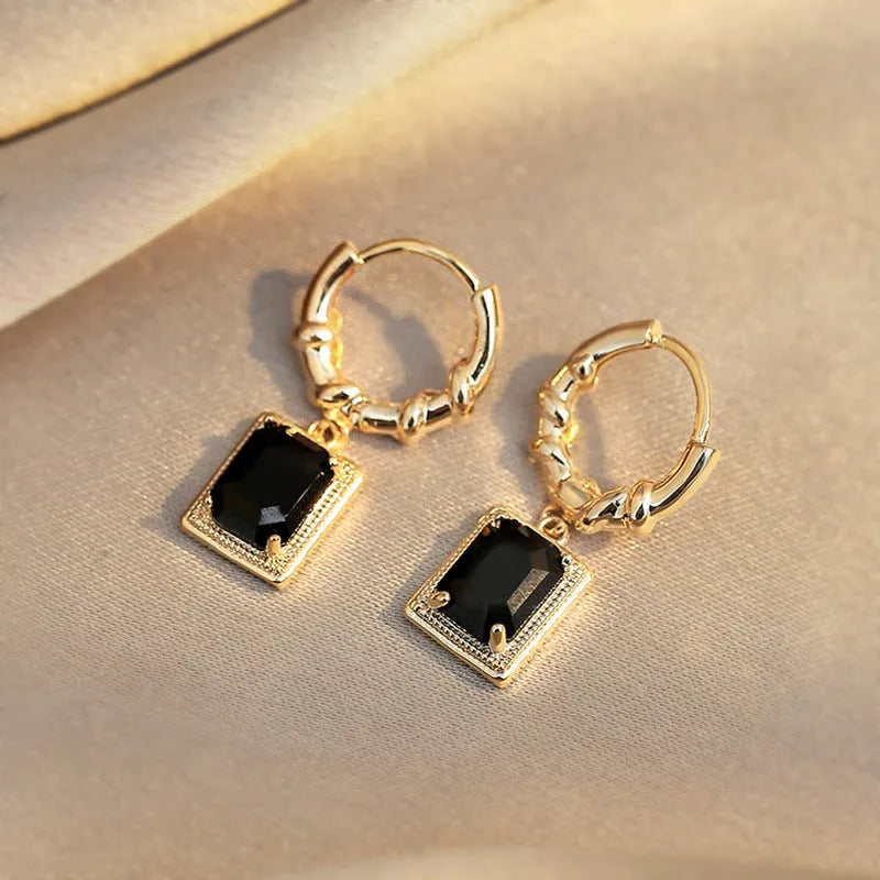 French Court Retro Black Zircon Earrings with quadrilateral geometric shape and copper construction