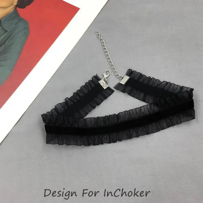 Velvet ruffled clavicle necklace with flower-shaped alloy pendant on snake bones chain in light coffee colour