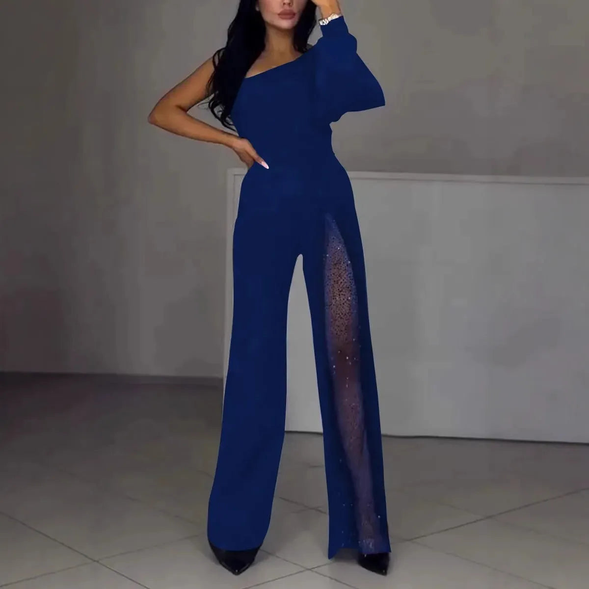 Women's polyester jumpsuit with oblique shoulder and high slit in black, wine red, white, or dark blue