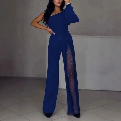 Women's polyester jumpsuit with oblique shoulder and high slit in black, wine red, white, or dark blue