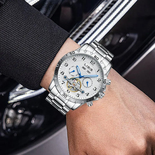 Men's automatic perpetual calendar watch with silver steel belt and sapphire crystal glass mirror