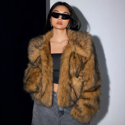 Women's artificial fox fur coat with fur collar in short 40cm length