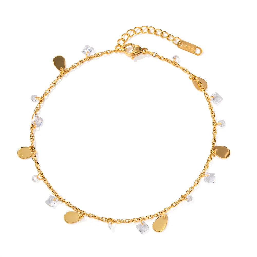 Stainless steel water drop tassel anklet with geometric shapes and adjustable chain