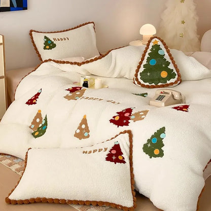 Bright yellow Christmas tree bedding set with fleece lining, embroidery detail, and complete four-piece configuration for winter warmth