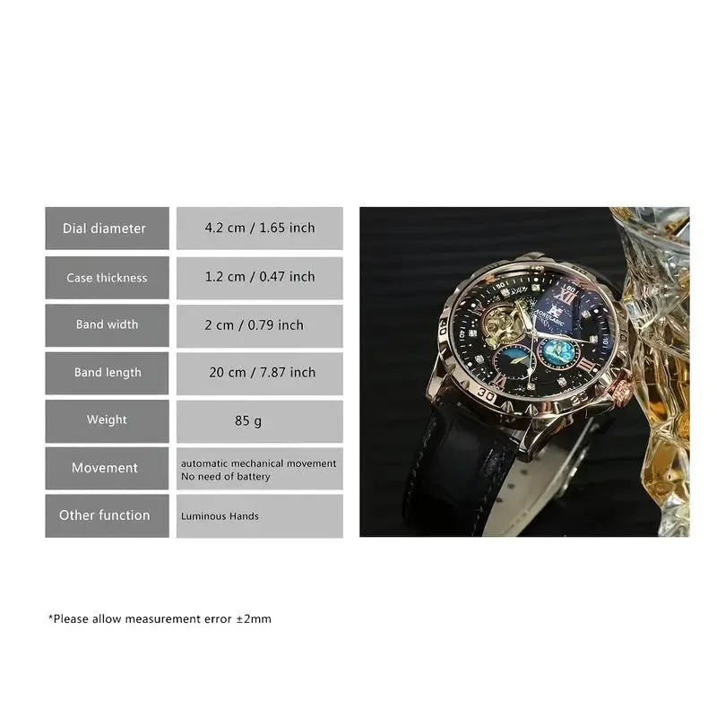 Black dial automatic watch with rose gold case, genuine leather strap, and visible mechanical movement through hollow design