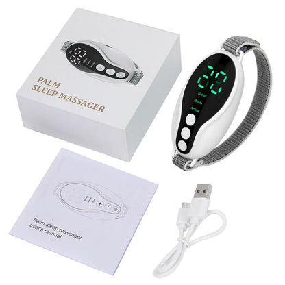 Compact blue sleep aid device showing USB port and control buttons with dimensions 80×40×20mm