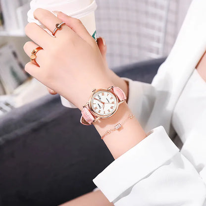 Women's automatic mechanical watch with 12mm thickness showing steel belt and leather strap options in various colours