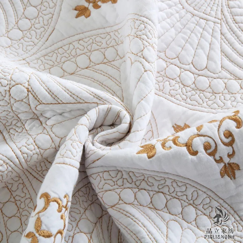 European-style cotton embroidery bed cover with double-thick construction and decorative detailing