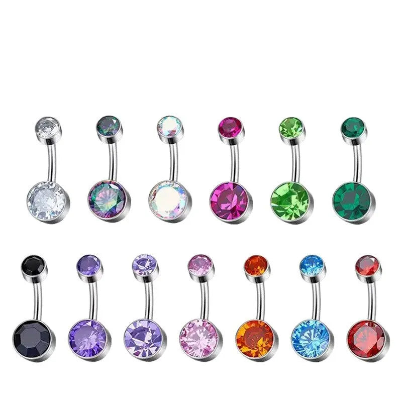 Titanium alloy double-headed navel stud with zircon stones in various colours and lengths.