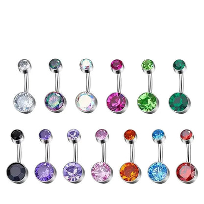 Titanium alloy double-headed navel stud with zircon stones in various colours and lengths.