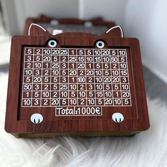 Retro wooden digital coin bank with modern design, showing currency library options.