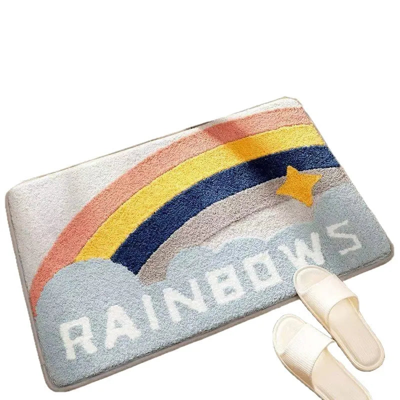 Cashmere carpet floor mat with plastic bottom in Sky Sea colour showing rainbow pattern, square shape with flat construction