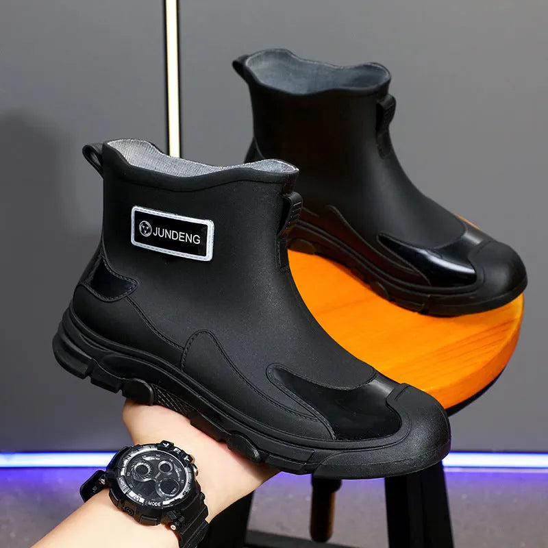 Women's Waterproof Boots Minimalist Korean Style Short Tube PVC Rain Boots Low Tube Flat Heel Plastic Sole Injection Moulding Non-slip Wear-resistant Outdoor Wading Rubber Shoes in Black, Black and Yellow or Khaki