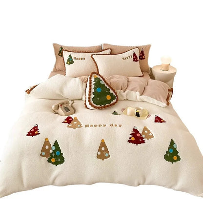 Bright yellow Christmas tree bedding set with fleece lining, embroidery detail, and complete four-piece configuration for winter warmth