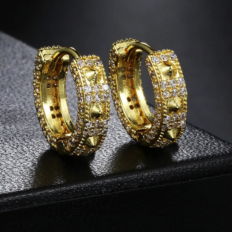 European and American style unisex hip hop earrings with round geometric shapes featuring full diamond detailing, crafted from copper and available in white gold stone or platinum white stone finishes for a bold statement look