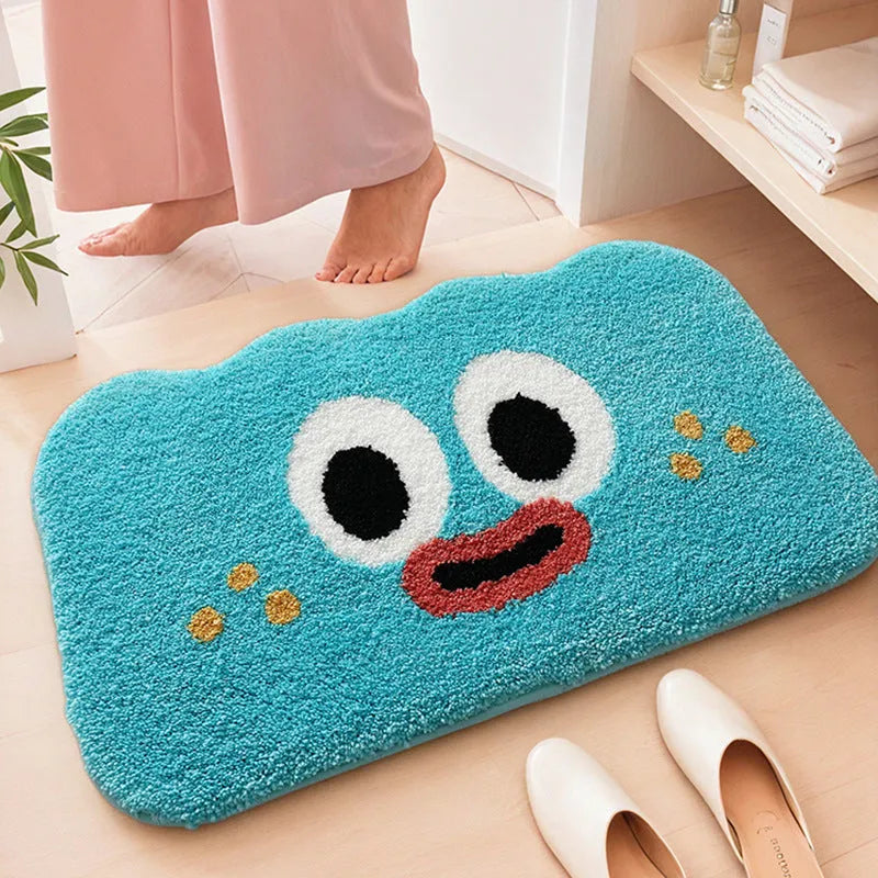 Cartoon anime pattern bathroom mat in cashmere-like polyester fibre showing colour options and size variations