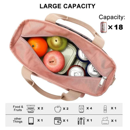 Insulated cube-shaped picnic bag with a removable shoulder strap in pink, shown with a side pocket.