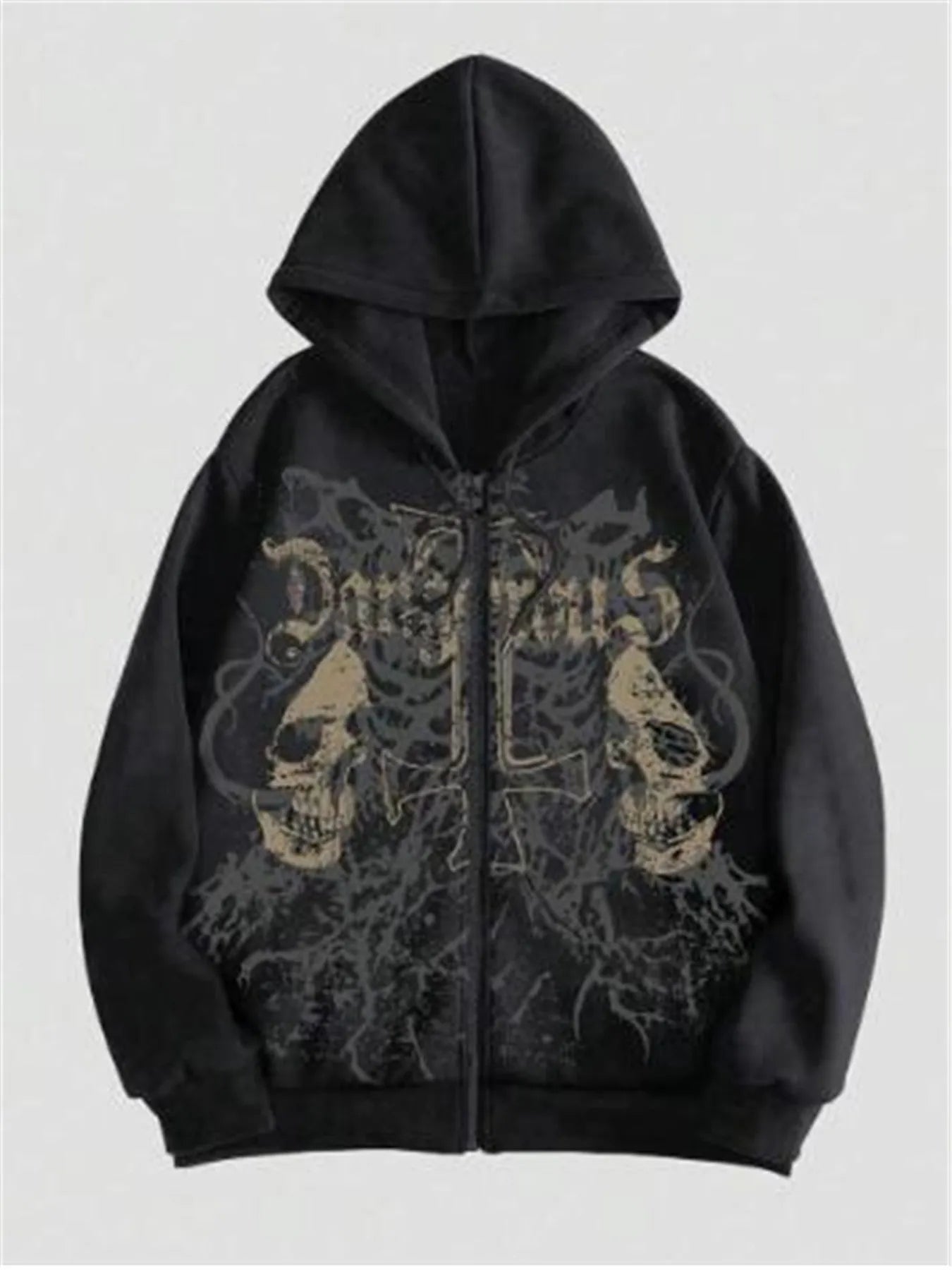 Men's black hooded sweatshirt with a white hot stamp skull design on the front, long sleeves.