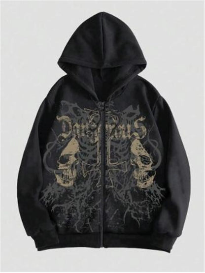 Men's black hooded sweatshirt with a white hot stamp skull design on the front, long sleeves.