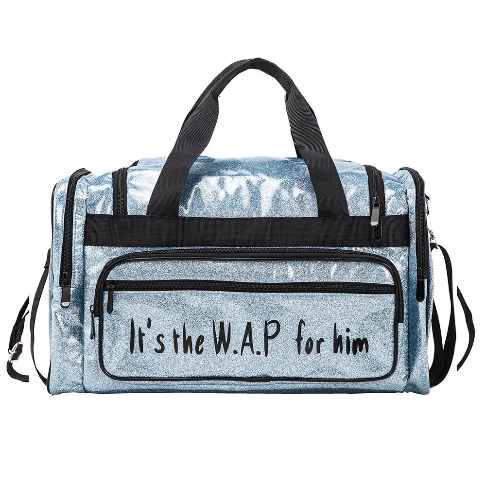 Large silver PU leather sports handbag with letter detailing, showing internal compartments.