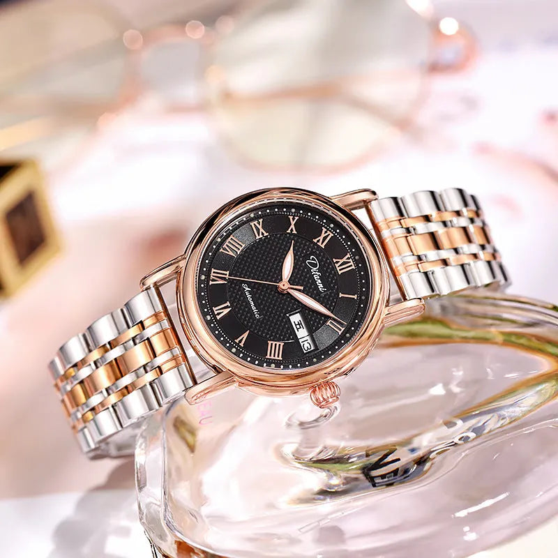 Women's automatic mechanical watch with 12mm thickness showing steel belt and leather strap options in various colours