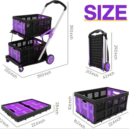Blue foldable shopping cart with a double-layer plastic basket standing upright.