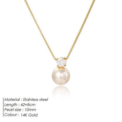 Women's stainless steel necklace with imitation pearl and zircon pendant on box chain