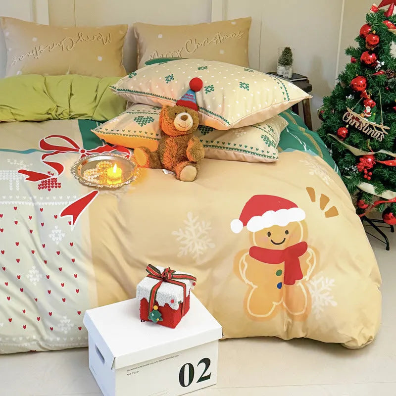 Christmas-themed four-piece bedding set with cartoon digital prints on super soft washed cotton