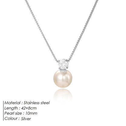 Women's stainless steel necklace with imitation pearl and zircon pendant on box chain