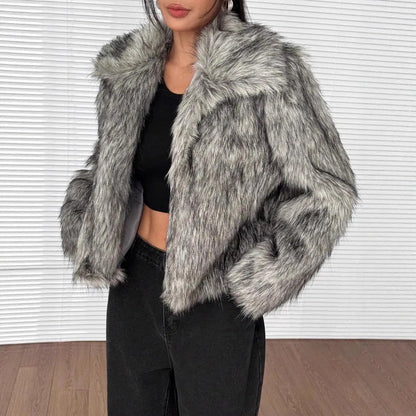 Women's artificial fox fur coat with fur collar in short 40cm length