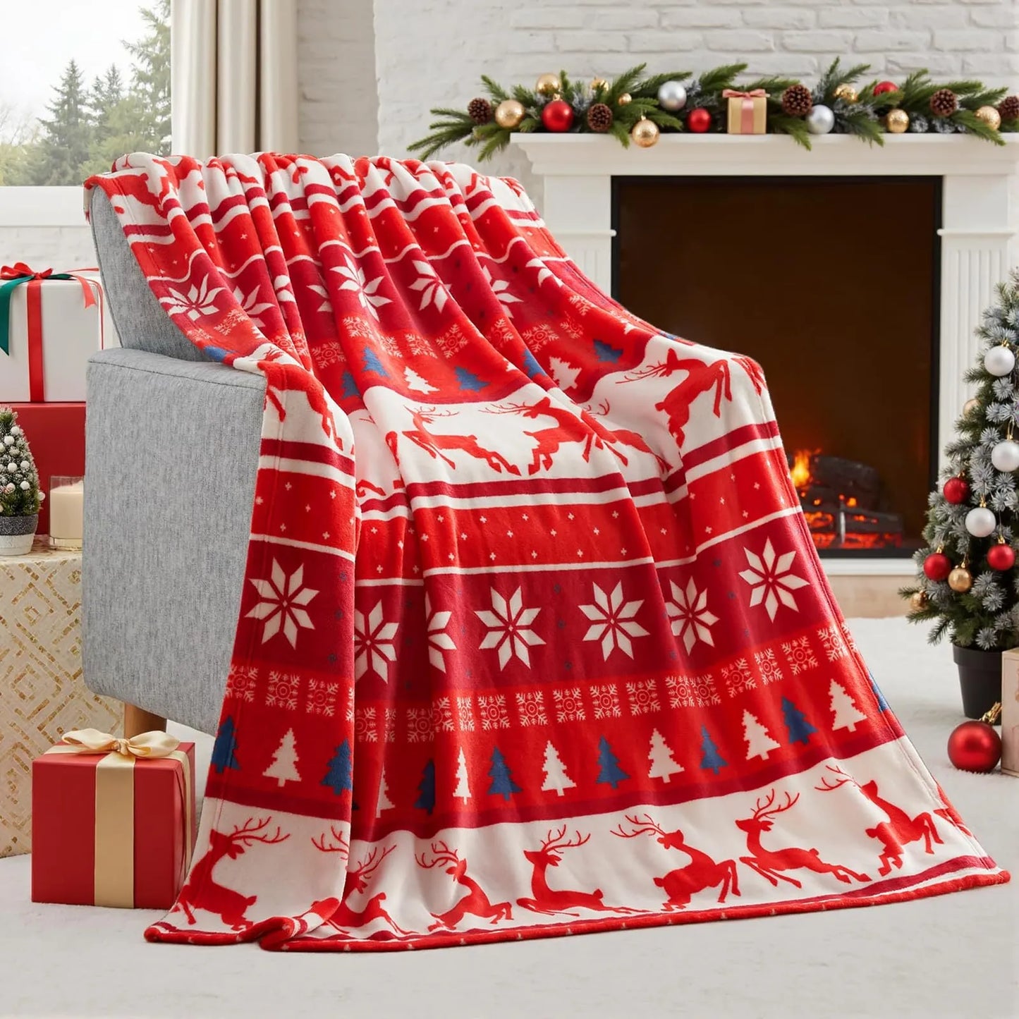 Soft flannel Christmas blanket in American-style design, available in multiple sizes for beds and sofas.
