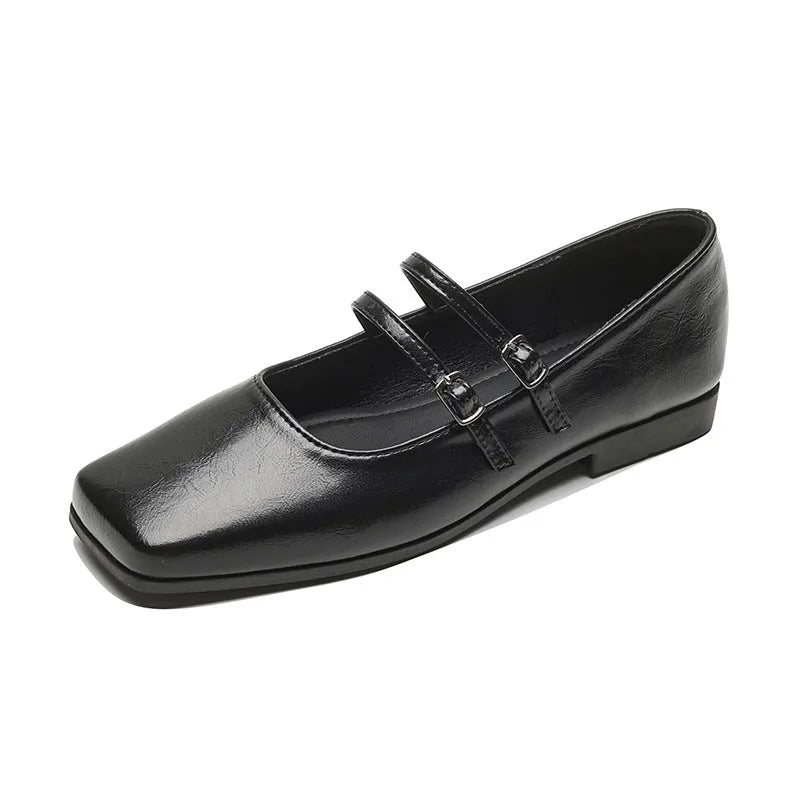 Women's silver genuine leather Mary Jane pumps with cross buckle strap and low flat heel