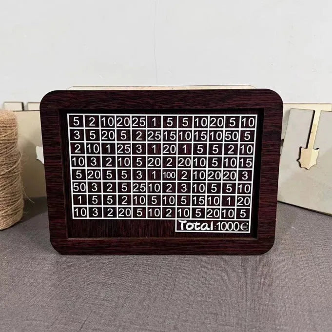 Retro wooden digital coin bank with modern design, showing currency library options.