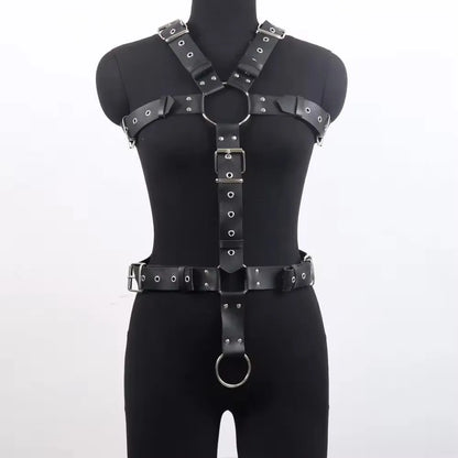 Black imitation leather waist trainer corset with an adjustable buckle and thin straps.