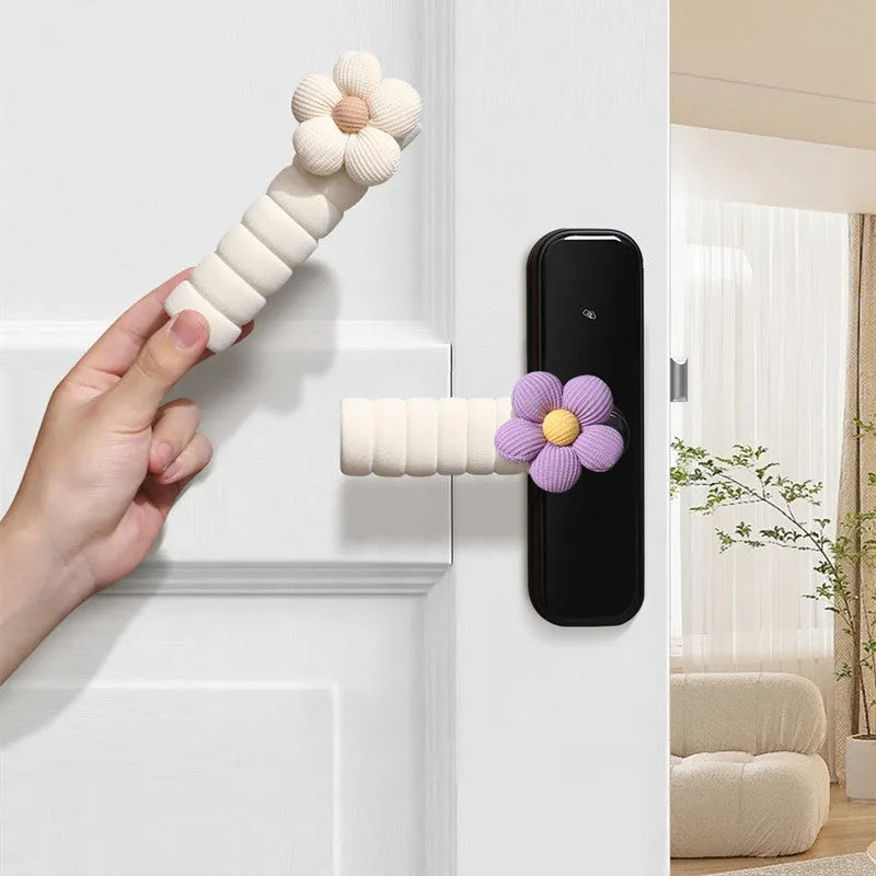 Flower door handle protective casing in beige colour with floral pattern, soft PEVA material, round shape for anti-collision